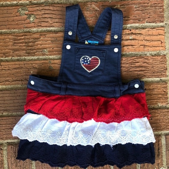 Lightning Bug Baby Denim Jumper Tiered Red White & Blue Eyelet Ruffles 18 Months - Picture 6 of 6